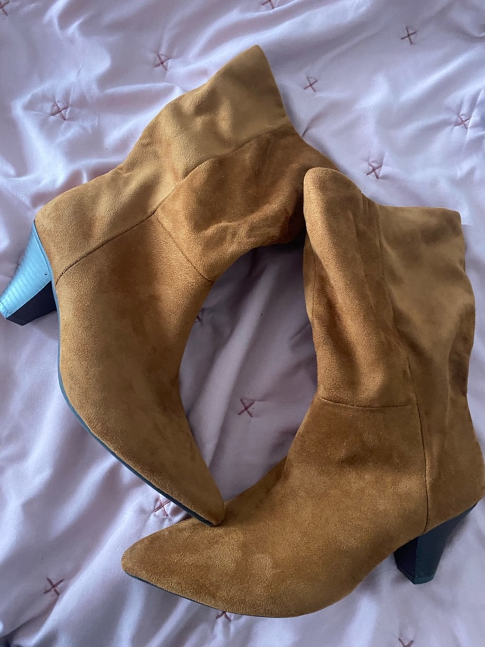 Target Tan Suede Pointed-Toe Ankle Boots with Mid Heel